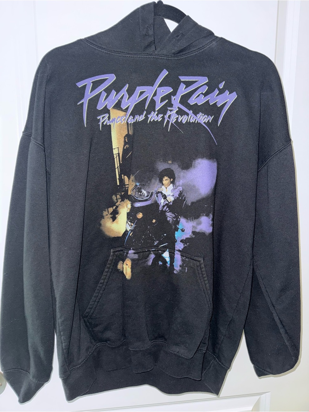 Boohoo Mens Black Hoodie with Purple 'Purple Rain' Graphic